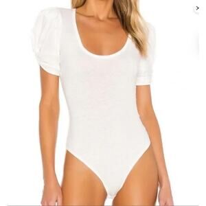 NEW Free People White Ava Puff Sleeve Bodysuit Scoop Neck Coquette Womens Med